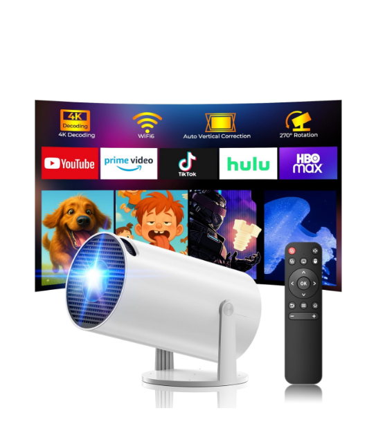 US: PR06, Mini Projector with WiFi and Bluetooth, 4K Christmas Bedroom Projector, Portable Projector of 270° Rotatable 130'' Projector Screen, Smart Projector Compatible with iphone/TV Stick/HDMI/USB/Laptop