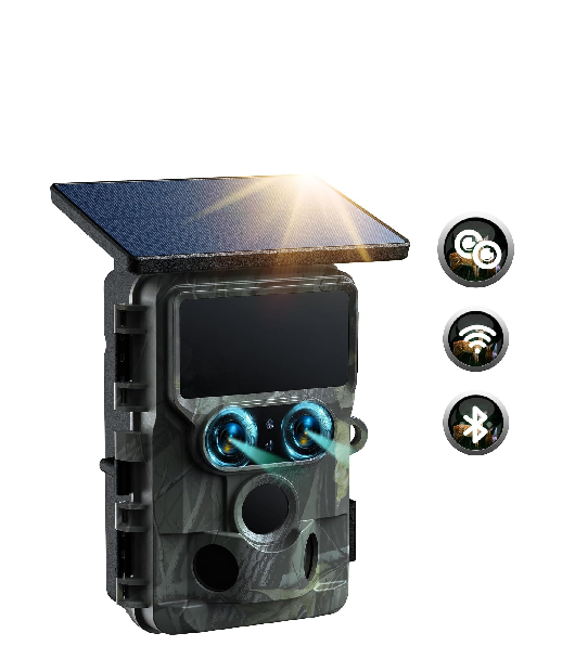 US: TC22, 2025 Updated Trail Camera Solar Powered, Starlight Night Vision Dual Lens 60MP 4K 30FPS WiFi Bluetooth Game Hunting Cameras with IMX458 Sensors 0.1S Trigger for Outdoor Wildlife Monitoring