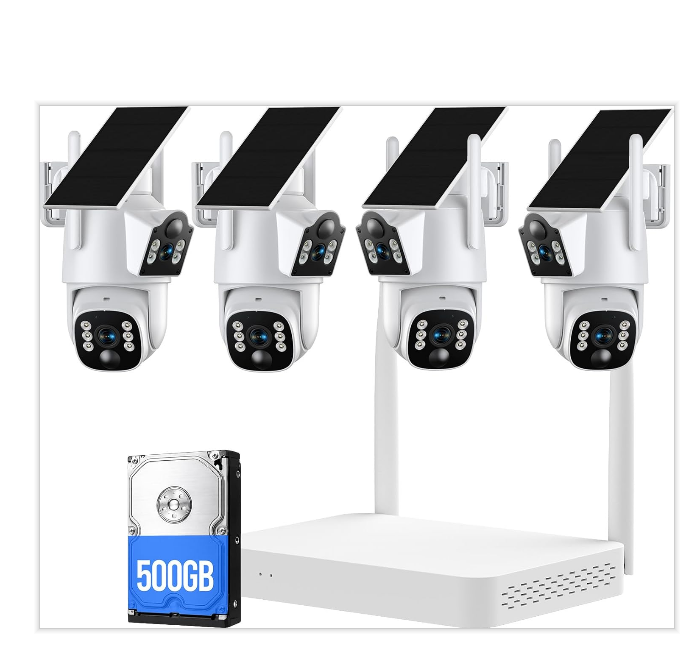 US: SC56XAXXUS,Solar Security Camera System Wireless Outdoor, 4 Cameras Dual-Lens PTZ with 10CH NVR & 500GB HDD, 2K Color Night Vision, AI Human/Vehicle Detection, 2-Way Talk, IP66, No Monthly Fee