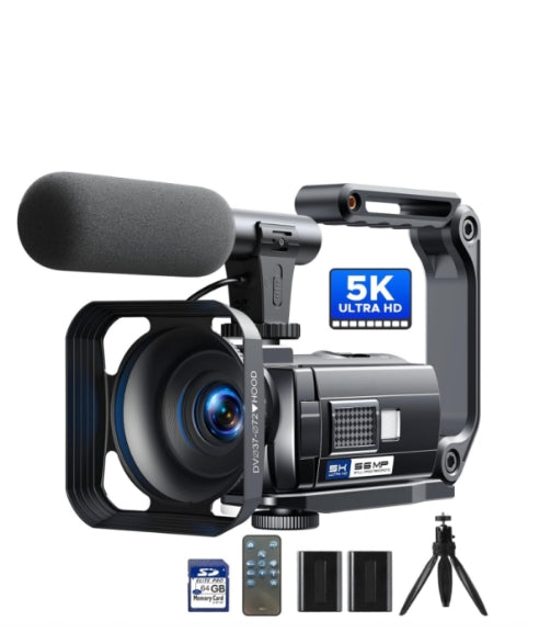 UK: AC12CXXXXX, Camcorder Video Camera 5K, 56MP Vlogging Camera for Youtube, WiFi 3'' 270° Rotatable Touchscreen Webcam Night Vision Camcorder with 64GB SD Card, Remote, 2 Batteries, Microphone, Tripod, Stabilizer