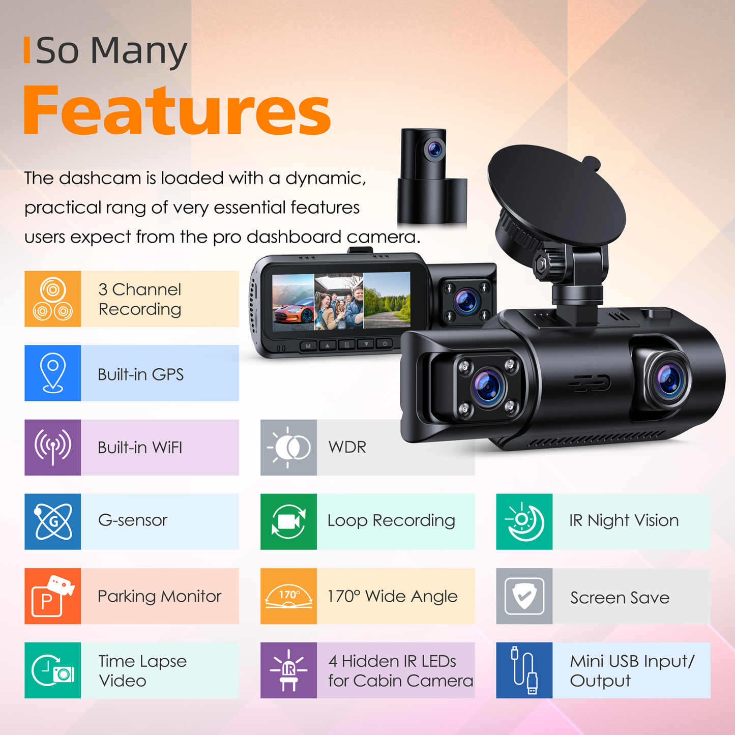TOGUARD 4K Car Camera GPS Speed 3 Channel Dash Camera Front and Rear Inside 2K+1080P+2K IR Night Vision,170° Wide Angle, WDR, Emergency Lock, Parking Monitor