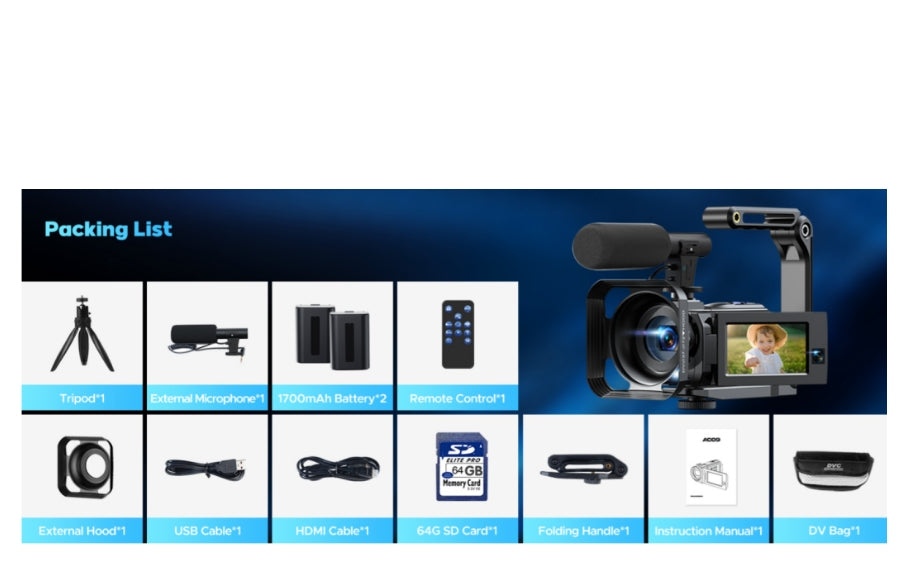 US: AC09DXXXXX, 5K Camcorder Video Camera 56MP 16X Dual Lens Vlogging Camera for YouTube with WiFi & Night Vision, 3" 270° Touch Screen Cam corder - Includes 64GB SD Card, 2 Batteries, Tripod, Mic, Remote, Lens Hood