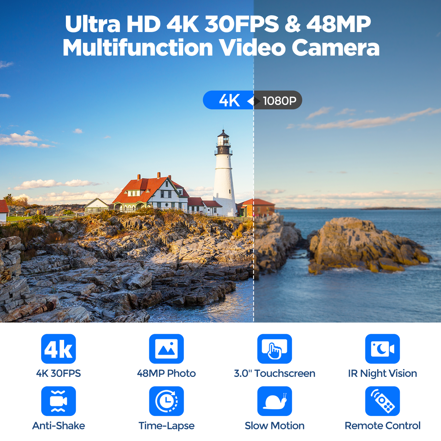 Campark AC11A 4K 30FPS Video Camera 48MP Camcorder with IR Night Vision, 3.0" Touch Screen