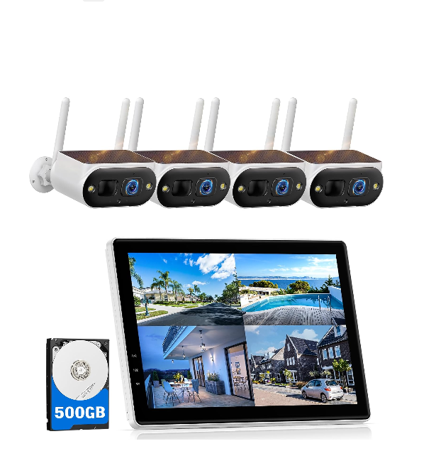 US: SC50XAXHUS, Solar Camera Outdoor Wireless with 10" Monitor, 4MP Home Security Camera System, Solar-Powered, Color Night Vision, 10CH Expandable, 500GB Local Storage for Surveillance, 2.4 & 5GHz WiFi