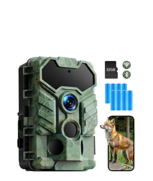 US: TC29XAXXXX, WiFi Trail Camera 32MP 1080P, Low Glow IR Night Vision, 0.1s Trigger Speed 130° Wide-Angle with 32GB Micro SD Card,IP66 Waterproof