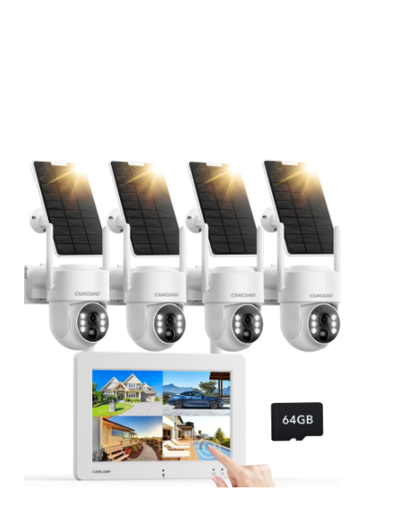 US: SC44XAHXUS, Wireless Security Camera System, Solar-Powered 4MP 4 Cam-Kit with 7" Touchscreen Monitor, Outdoor Camera 0 Monthly Fee, Color Night Vision, Motion Detection, PTZ, 2 Way Audio for Business
