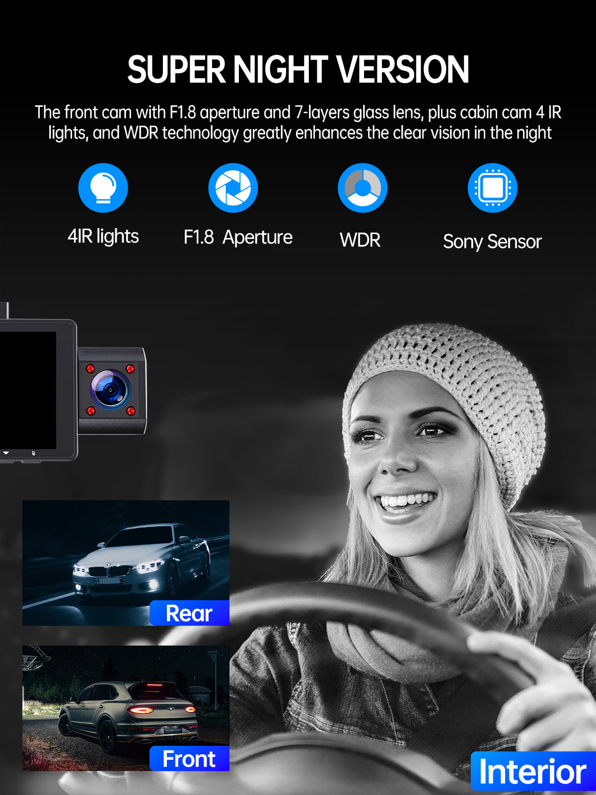 3 Channel 4K Dash Cam Front and Rear Inside, 4K+1080P Dash Camera Front and Inside, Triple Car Camera 2K+1080P+1080P with IR Night Vision, WDR, 170°Wide Angle, Parking Monitor