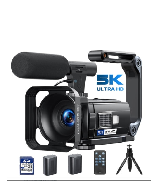 FR: AC12CXXXXX, Caméscope Caméra vidéo 5K 56MP Vlogging Caméra YouTube, WiFi Vision nocturne 3" Écran tactile rotatif à 270° Video Camera avec carte 64 Go, télécommande, microphone, stabilisateur, piles, trépied