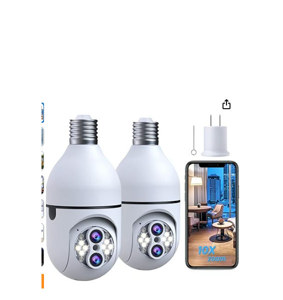 CA: SC11-S-CA, 2Pack Light Bulb Security Camera, Dual Lens 10X Zoom 360° PTZ Outdoor Camera 2.4G Wi-Fi Color Night Vision Surveillance Camera with Two-Way Talk, Motion Tracking, Cloud Storage for Home Security