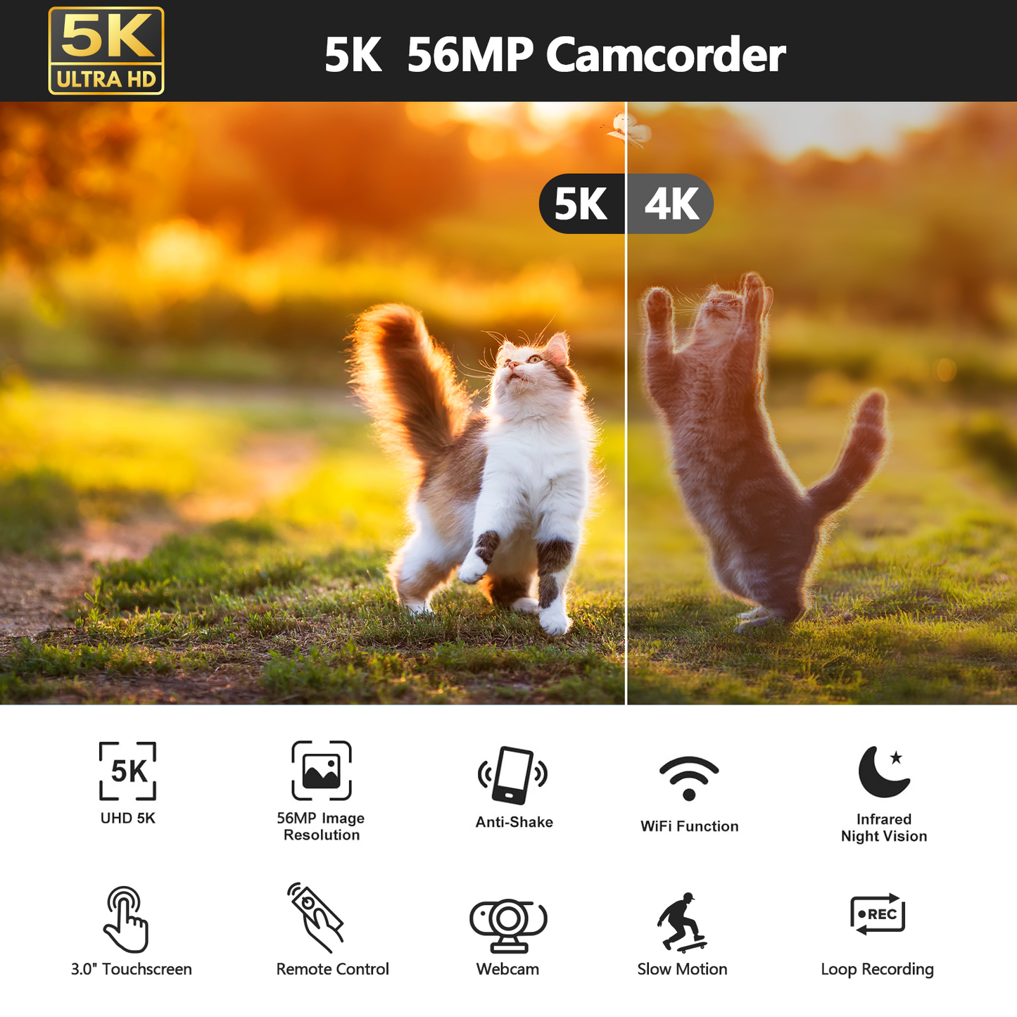 Campark AC12 5K 25FPS Video Camera 56MP Photo 3”Touch Screen Digital Camcorder