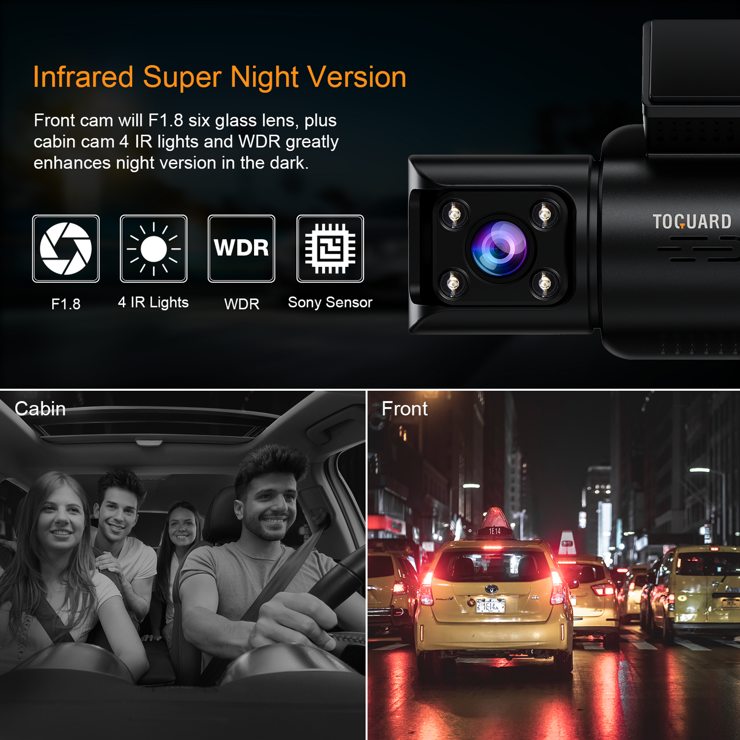 TOGUARD 4K Car Camera GPS Speed 3 Channel Dash Camera Front and Rear Inside 2K+1080P+2K IR Night Vision,170° Wide Angle, WDR, Emergency Lock, Parking Monitor
