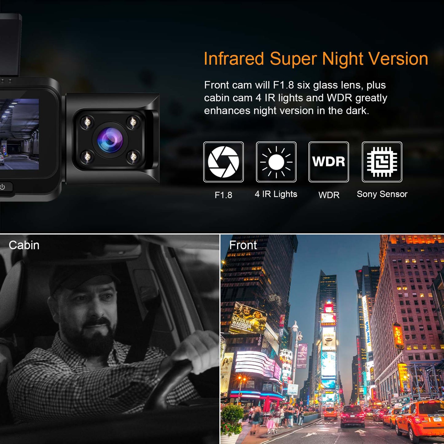 TOGUARD 4K Car Camera GPS Speed 3 Channel Dash Camera Front and Rear Inside 2K+1080P+2K IR Night Vision,170° Wide Angle, WDR, Emergency Lock, Parking Monitor