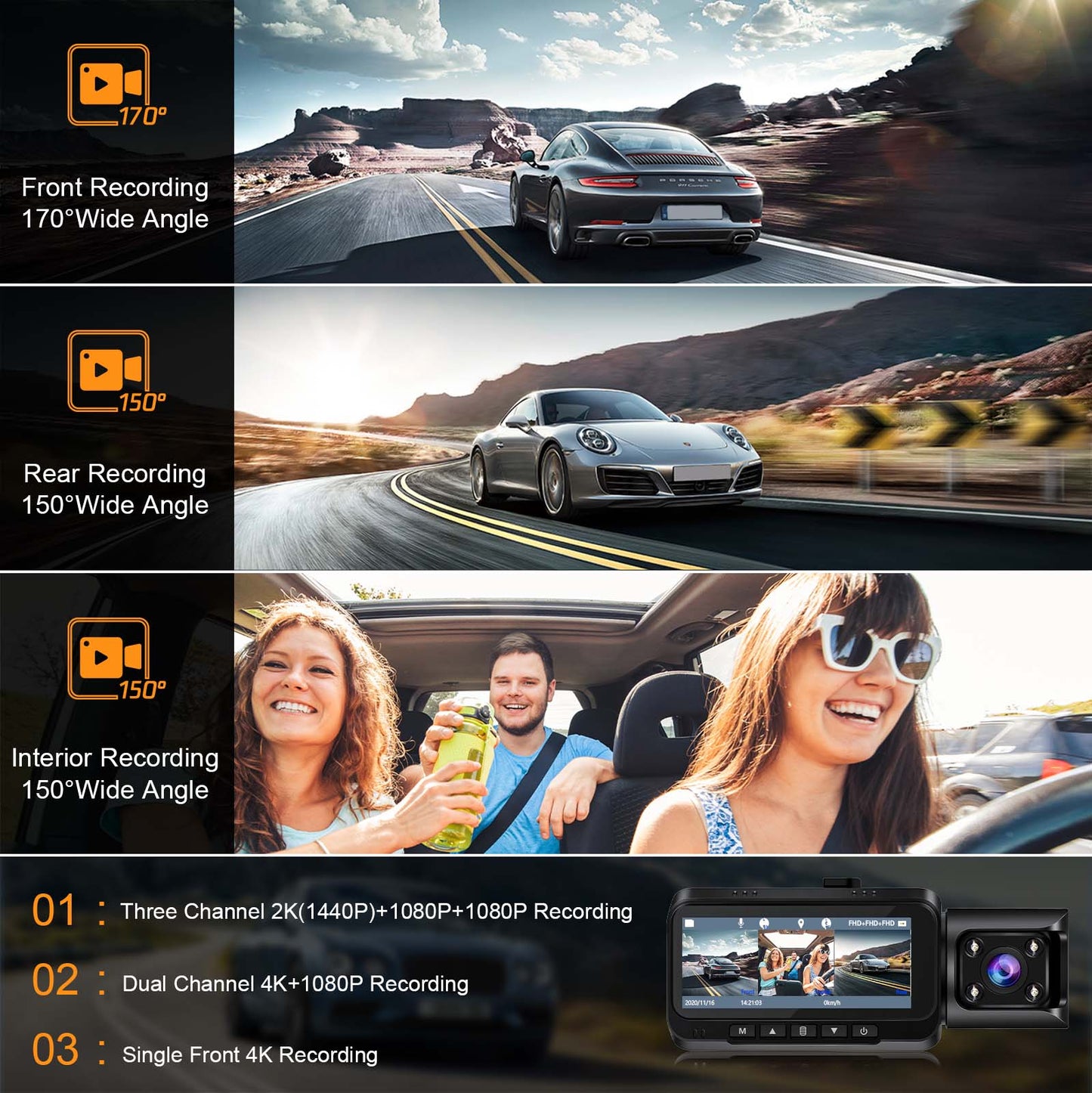 TOGUARD 4K Car Camera GPS Speed 3 Channel Dash Camera Front and Rear Inside 2K+1080P+2K IR Night Vision,170° Wide Angle, WDR, Emergency Lock, Parking Monitor