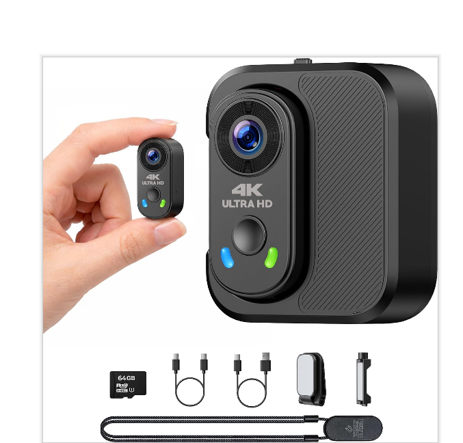 CA: AC29XAXXXX, Action Camera 4K, Mini Body Camera with EIS Stabilization, Portable POV Camera for Vlogging, 150° Wide Angle WiFi Thumb Cameras with 64GB SD Card, Charging Case