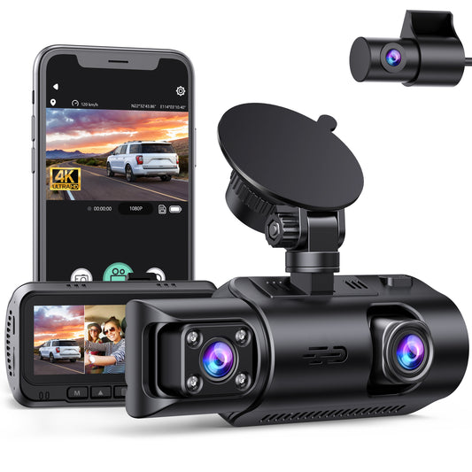TOGUARD 4K Car Camera GPS Speed 3 Channel Dash Camera Front and Rear Inside 2K+1080P+2K IR Night Vision,170° Wide Angle, WDR, Emergency Lock, Parking Monitor