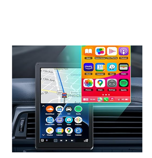 DE: RC18XXXX, Tragbarer kabelloser A-pple CarPlay und Android Auto Bildschirm, 7-Zoll-HD-Touchscreen im Hoch und Querformat fürs Auto mit Magnethalterung/Mirror Link/GPS-Navigation, Bluetooth AUX/FM