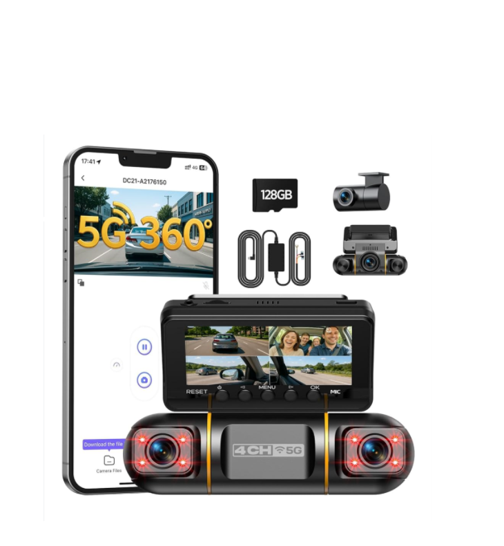 ES: DC21BAXXXX, 360° 4 Canales Dash CAM Coche Delantera y Trasera, 5GHz WiFi & Control de la App Camara Coche Grabadora con Tarjeta 128 GB, Visión Nocturna IR, 24H Modo Aparcamiento con Kit de Cableado Gratis