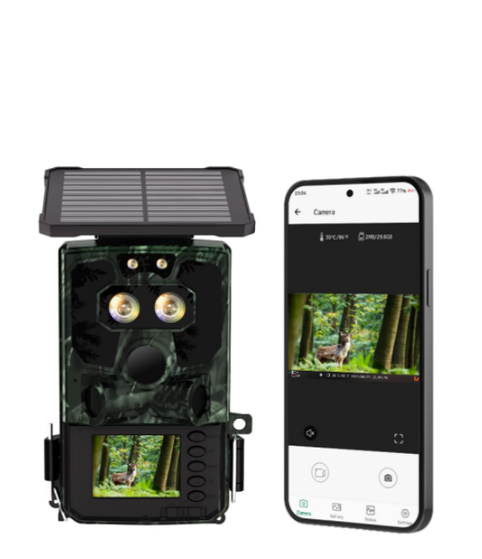 FR:TC37,Caméra de chasse solaire à double objectif Wi-Fi 4K 60 MP, lumière étoilée, vision nocturne, avec application de transmission de téléphone portable, caméra pour animaux sauvages avec vision