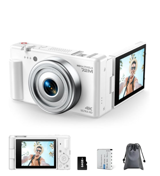 CA: AC18XA, 4K Digital Camera for Photography, 72MP Autofocus 2.8" 270°Flip Screen Vlogging YouTube Camera, 18X Zoom Compact Travel Cameras for Teens Beginners, 64GB Card & Battery