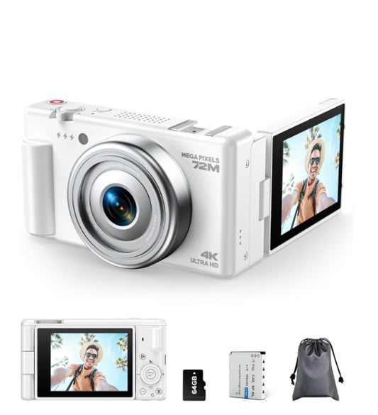 CA: AC18XA, 4K Digital Camera for Photography, 72MP Autofocus 2.8" 270°Flip Screen Vlogging YouTube Camera, 18X Zoom Compact Travel Cameras for Teens Beginners, 64GB Card & Battery