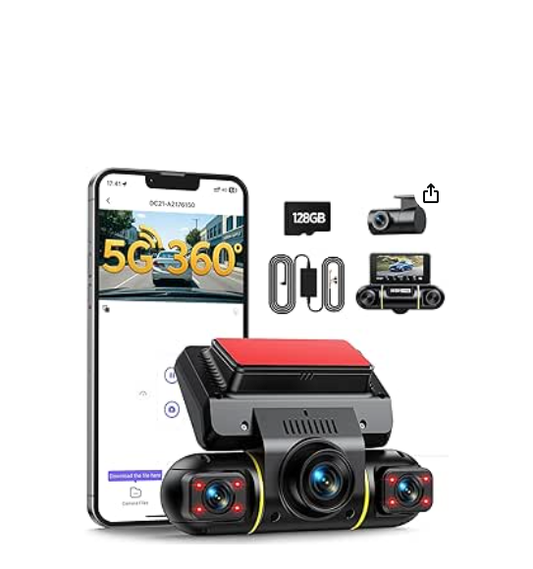 CA: DC21BAXXXX, 360 Degree View 4 Channel Dash Cam Front and Rear Inside 5G WiFi Dash Camera for Cars APP Control 8 IR Night Vision Parking Monitor Emergency Recording 128G SD Card Included
