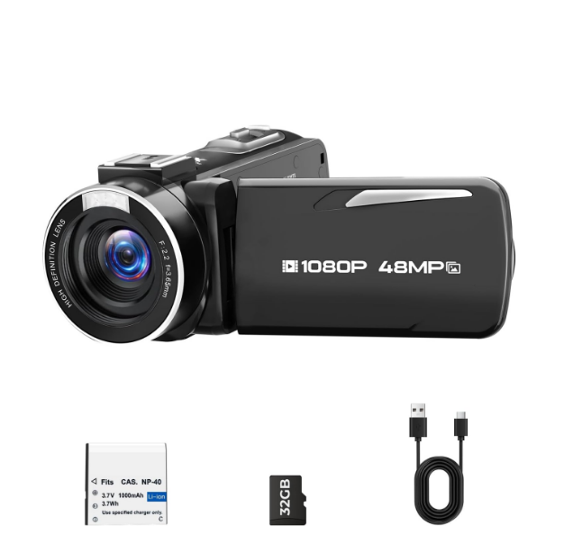 DE: AC25XAXXXX, Videokamera 1080P, 48MP Camcorder 18X Digitalzoom Vlogging Camera für YouTube mit LED-Fülllicht, 3" 270° drehbarer Bildschirm Webcam Camcorder mit 32GB Karte & Akku