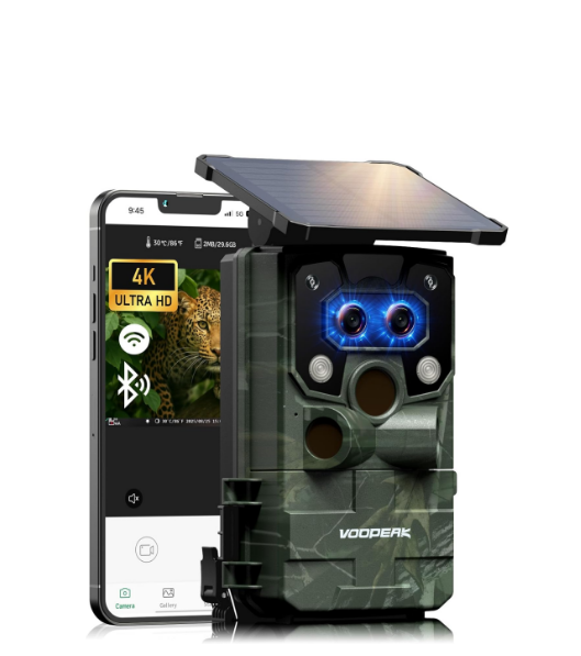 FR:TC37, VOOPEAK Camera de Chasse Solaire à Double Objectif, 4K 60MP WiFi Caméra de Chasse Connectée Téléphone, Caméra Chasse Starlight Vision Nocturne Activée par Mouvement Piege Photographique IP66 Étanche
