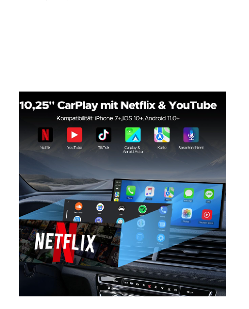 DE: RC29XAXDXX,Streaming Carplay Display mit YouTube/Netflix 10.25 Zoll Wireless Carplay Android Auto mit 1080P Rückfahrkamera 1920×720P Touchscreen 2.4G/5G WLAN Bluetooth