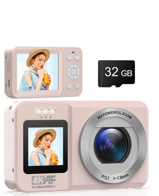 UK: AC20XD, Digital Camera Autofocus 4K Dual Screens Camera with 32GB Card 64MP Point and Shoot Camera with 18X Digital Zoom Vlogging Camera for YouTube Compact Selfie Camera for Kids Teens Beginners, Pink