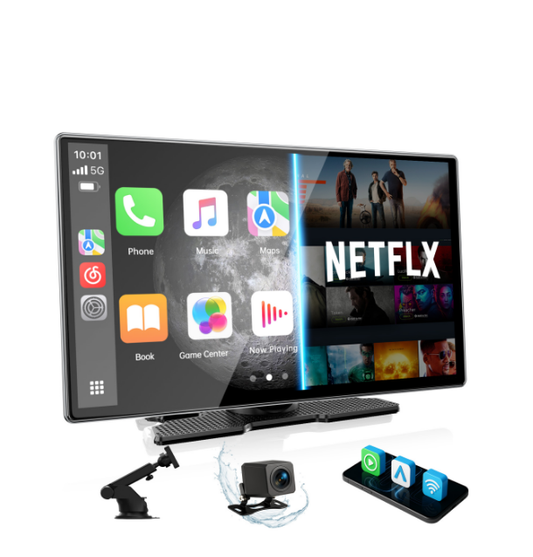 CA: RC30XBXDXX, 9'' CarPlay Screen for Car with Built-in Netflix and YouTube, Android Auto Screen with Backup Camera, Support Apple CarPlay, GPS and Voice Assistant, Compatible with iOS 10+ and Android 11+