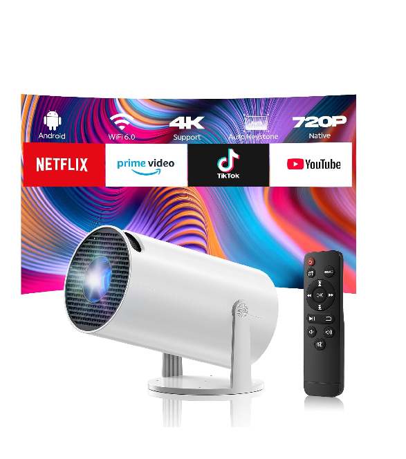US: PR06, Mini Projector with WiFi and Bluetooth, 4K Halloween Projector Outdoor, Portable Projector of 270° Rotatable 130'' Projector Screen, Smart Projector Compatible with iphone/TV Stick/HDMI/USB/Laptop