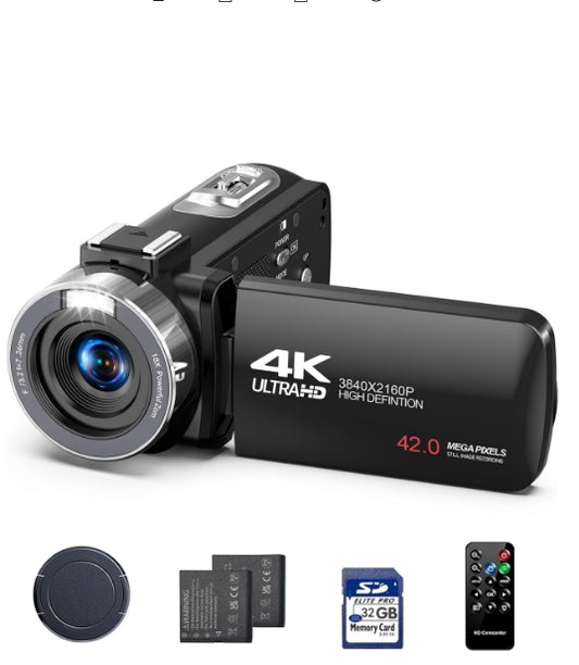 US: AC13BA,  Camcorder Video Camera 4k 42MP, 18X Digital Zoom Vlogging Video Recorder for YouTube 3”270°Rotation Screen Compact 4K Travel Camcorders with 2 Batteries, 32GB SD Card, Remote Control