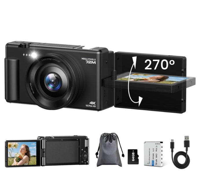CA: AC18AA, Digital Camera 4K, 72MP Autofocus 2.8" 270°Flip Screen Vlogging YouTube Camera 18X Digital Zoom Travel Cameras with 64GB Card & Battery for Teens Beginners Photography, Black