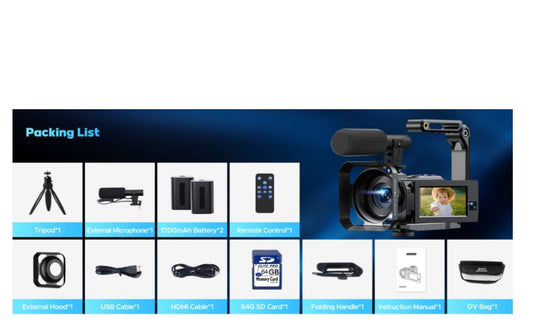 US: AC09DXXXXX, 5K Camcorder Video Camera 56MP 16X Dual Lens Vlogging Camera for YouTube with WiFi & Night Vision, 3" 270° Touch Screen Cam corder - Includes 64GB SD Card, 2 Batteries, Tripod, Mic, Remote, Lens Hood
