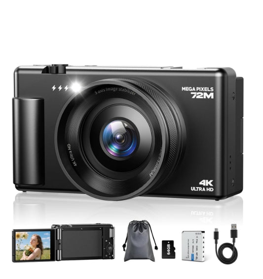 CA: AC18AA, 4K Digital Camera for Photography Autofocus 72MP Vlogging YouTube Camera with 2.8" 270°Flip Screen 18X Zoom Compact Travel Cameras for Teens Beginners, 64GB Card & Battery, Black