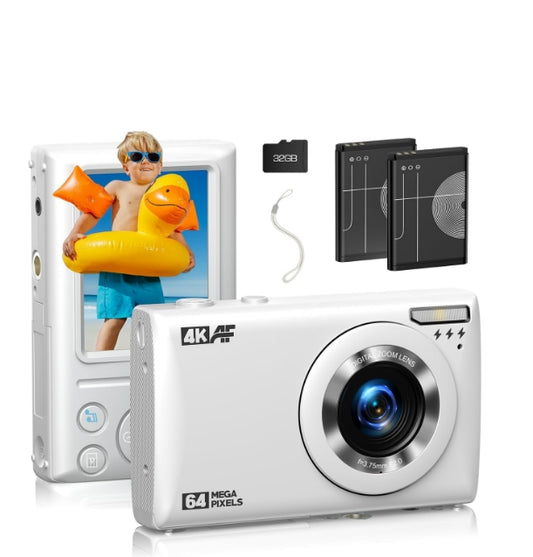 CA: AC15 White, Digital Camera UHD 4K&64MP, Small Digital Camera for Photography with 18X Digital Zoom 32G SD Card 2 Batteries, Mini Vlog Camera for Kids Girls and Boys