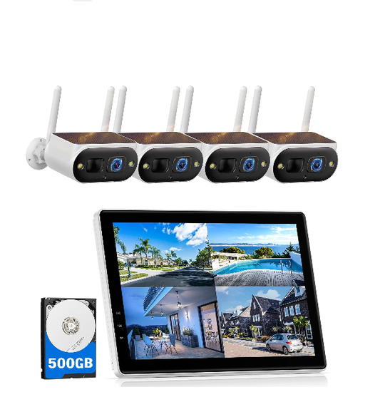 US: SC50XAXHUS, Solar Camera Outdoor Wireless with 10" Monitor, 4MP Home Security Camera System, Solar-Powered, Color Night Vision, 10CH Expandable, 500GB Local Storage for Surveillance, 2.4 & 5GHz WiFi