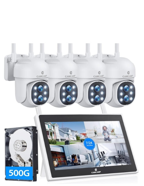 CA: SC37, Wireless Security Camera System Outdoor with 10.1" LCD Monitor, 4Pc 2K Dual Lens PTZ Security Cameras, 10X Zoom, Color Night Vision,Auto Tracking,2-Way Audio,10CH Expandable NVR, 500GB HDD