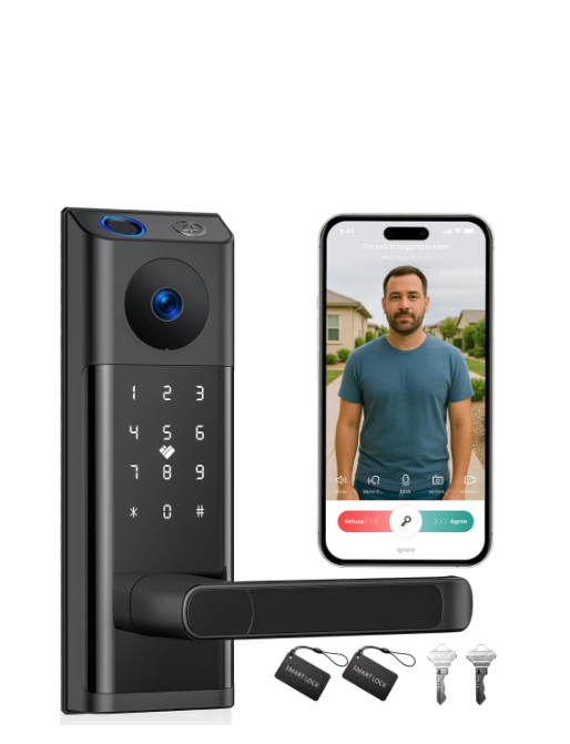 US: DL02AXHXXX, WiFi Video Smart Lock with Camera & Doorbell, Keyless Entry Door Lock with Handle for Front Door, Five Ways to Unlock Fingerprint, App, Key, Fob, Keypad, Auto Lock, Easy to Install