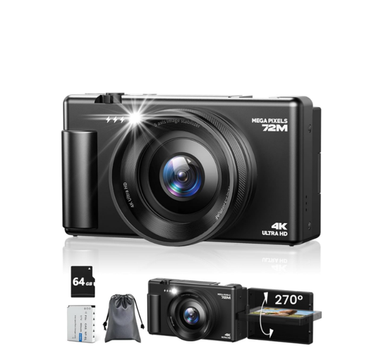 US: AC18AAXXXX, 4K Digital Camera for Photography, 72MP Autofocus Vlogging Cameras for YouTube with 64GB SD Card and Battery, 18X Digital Zoom 2.8" 270° Flip Screen Compact Travel Camera for Teens