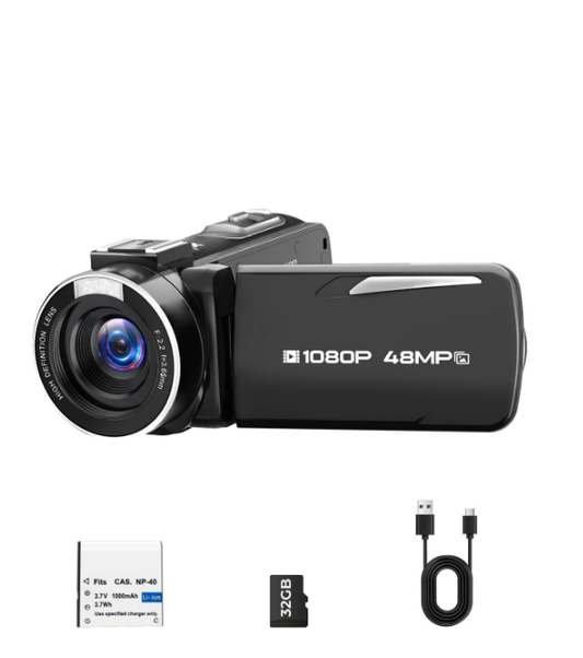 DE: AC25XAXXXX,Videokamera 1080P Full HD 48MP Camcorder, 18X Digital Zoom Kamera mit 3 Zoll 270° Drehdisplay, Vlogging Webcam Kamera für YouTube mit 32GB Karte & Akku
