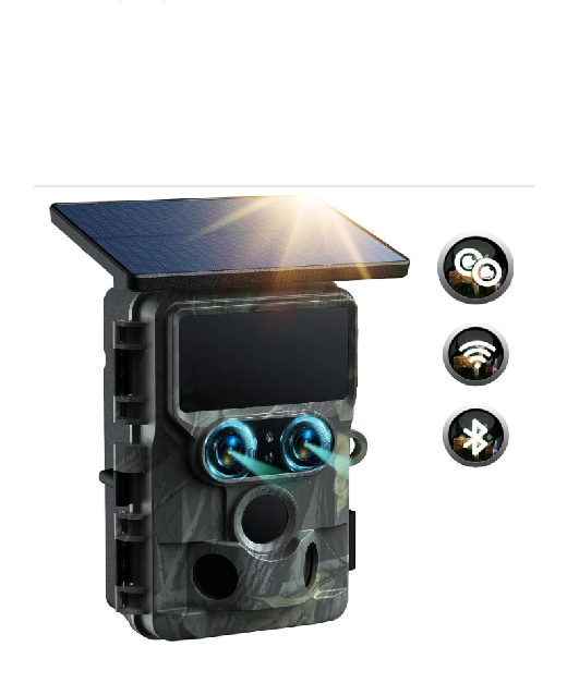 FR:TC22, Double Objectif Camera de Chasse Solaire, 4K 30FPS 60MP Caméra de Chasse WiFi Starlight Vision Nocturne, Camera Chasse Capteurs IMX458 Activée par Mouvement IP66 Étanche