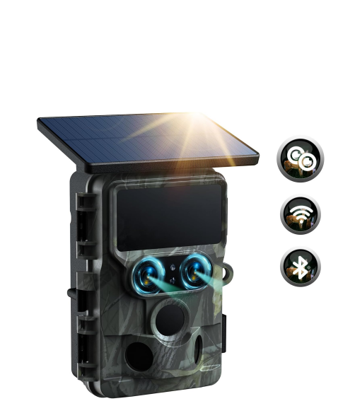 US: TC22,  2025 Updated Trail Camera Solar Powered, Starlight Night Vision Dual Lens 60MP 4K 30FPS WiFi Bluetooth Game Hunting Cameras with IMX458 Sensors 0.1S Trigger for Outdoor Wildlife Monitoring
