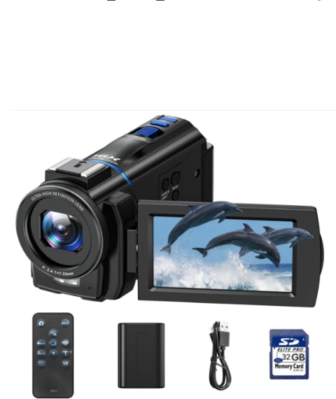 DE: AC11AAXXXX, Videokamera Camcorder 4K Vlog Kamera mit 16X Digitalzoom Nachtsicht, 48MP 3" 270° drehbarer Touchscreen Webcam Vlogging Camera, Camcorder Video Camera mit 32GB SD Karte, Fülllicht, Fernbedienung